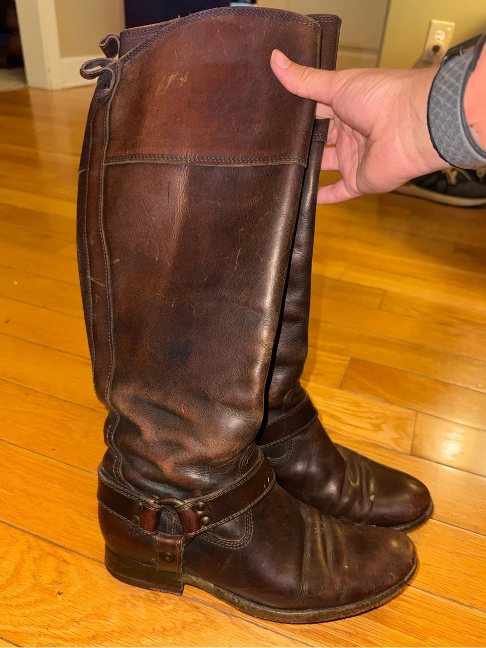 Frye Melissa Harness Side-Zip Leather Knee High Boots Brown
